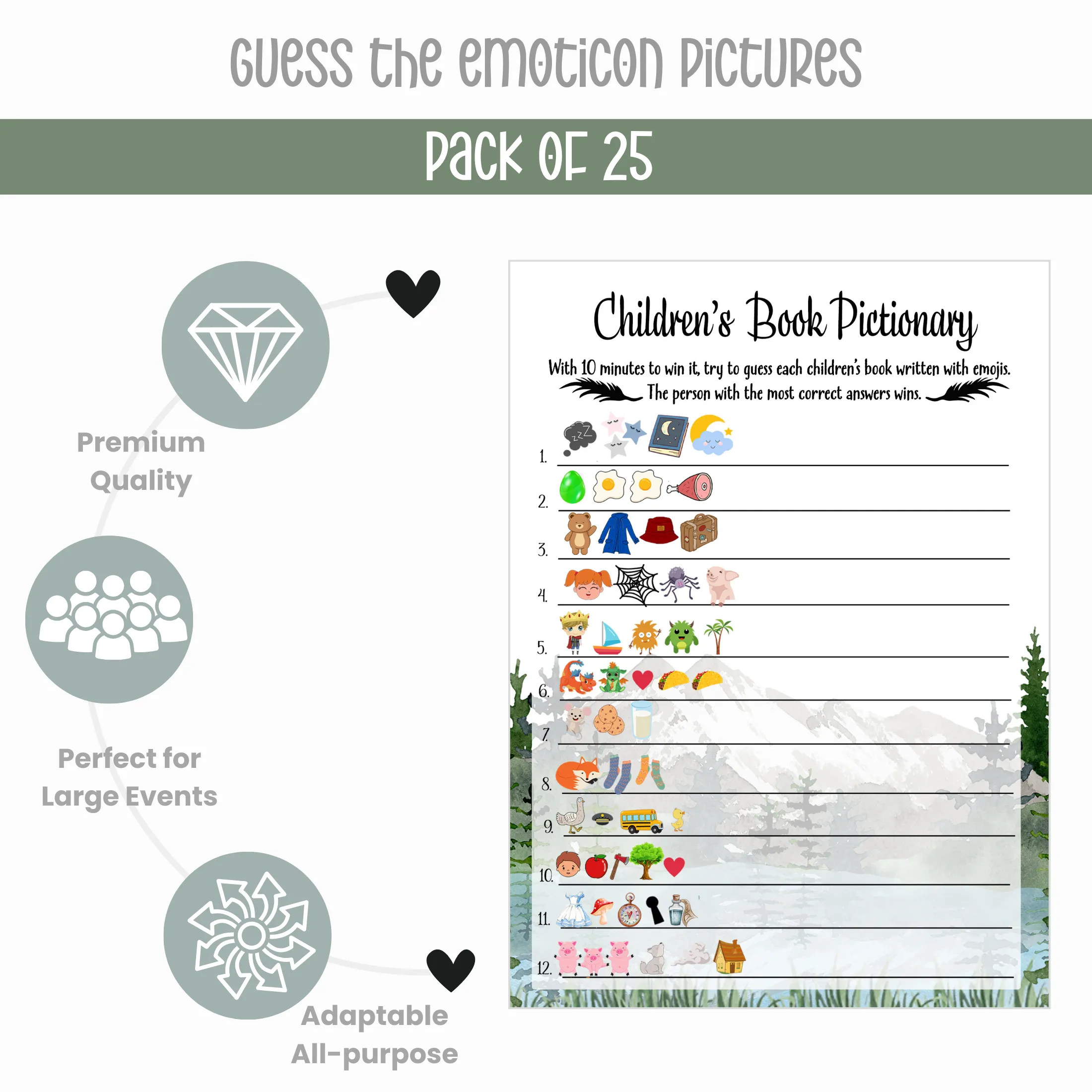Adventure Awaits Baby Shower Game Set with Pictograms and Word Scramble, Mountain Themed, 5x7 Cards (25 ct)