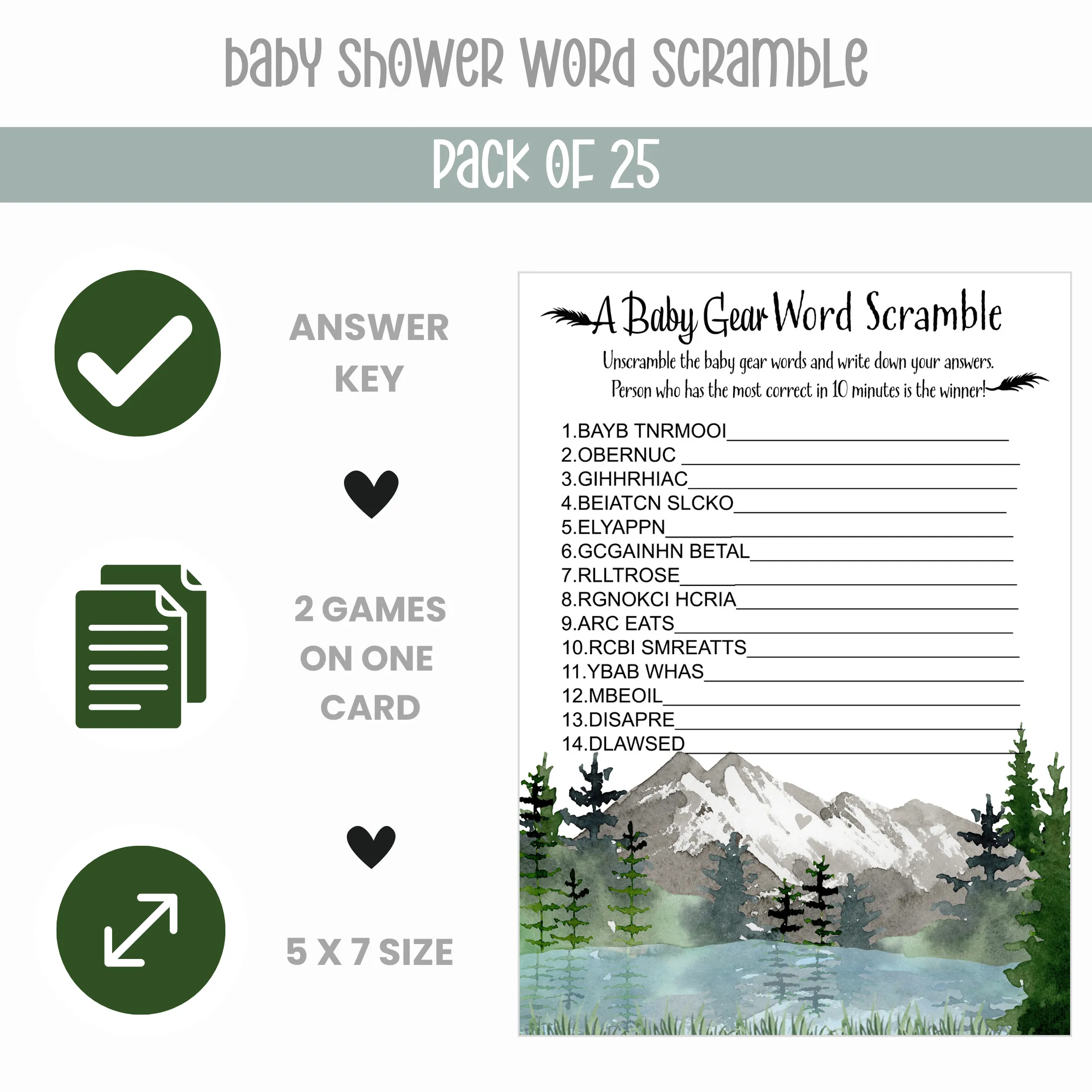 Adventure Awaits Baby Shower Game Set with Pictograms and Word Scramble, Mountain Themed, 5x7 Cards (25 ct)
