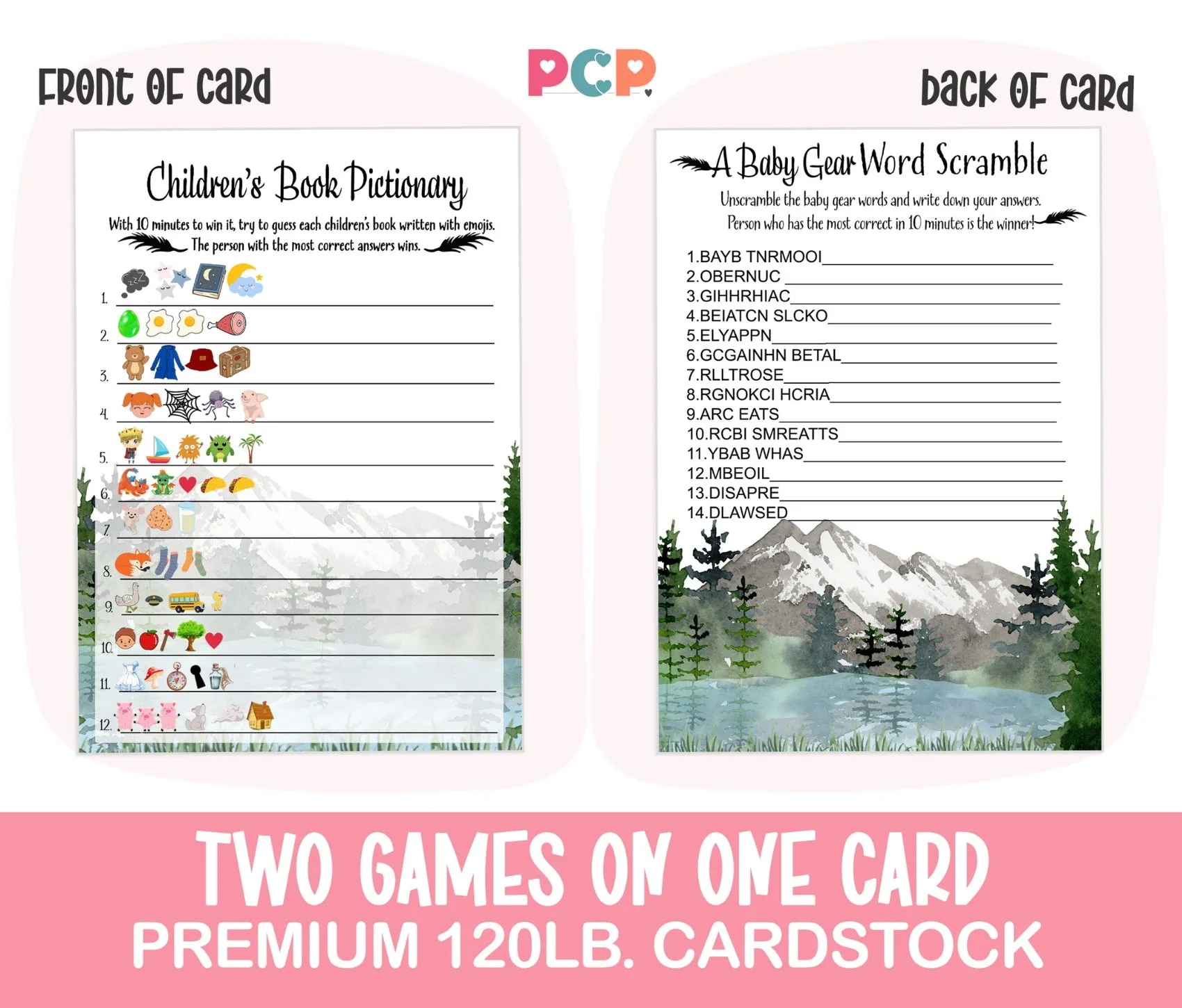 Adventure Awaits Baby Shower Game Set with Pictograms and Word Scramble, Mountain Themed, 5x7 Cards (25 ct)