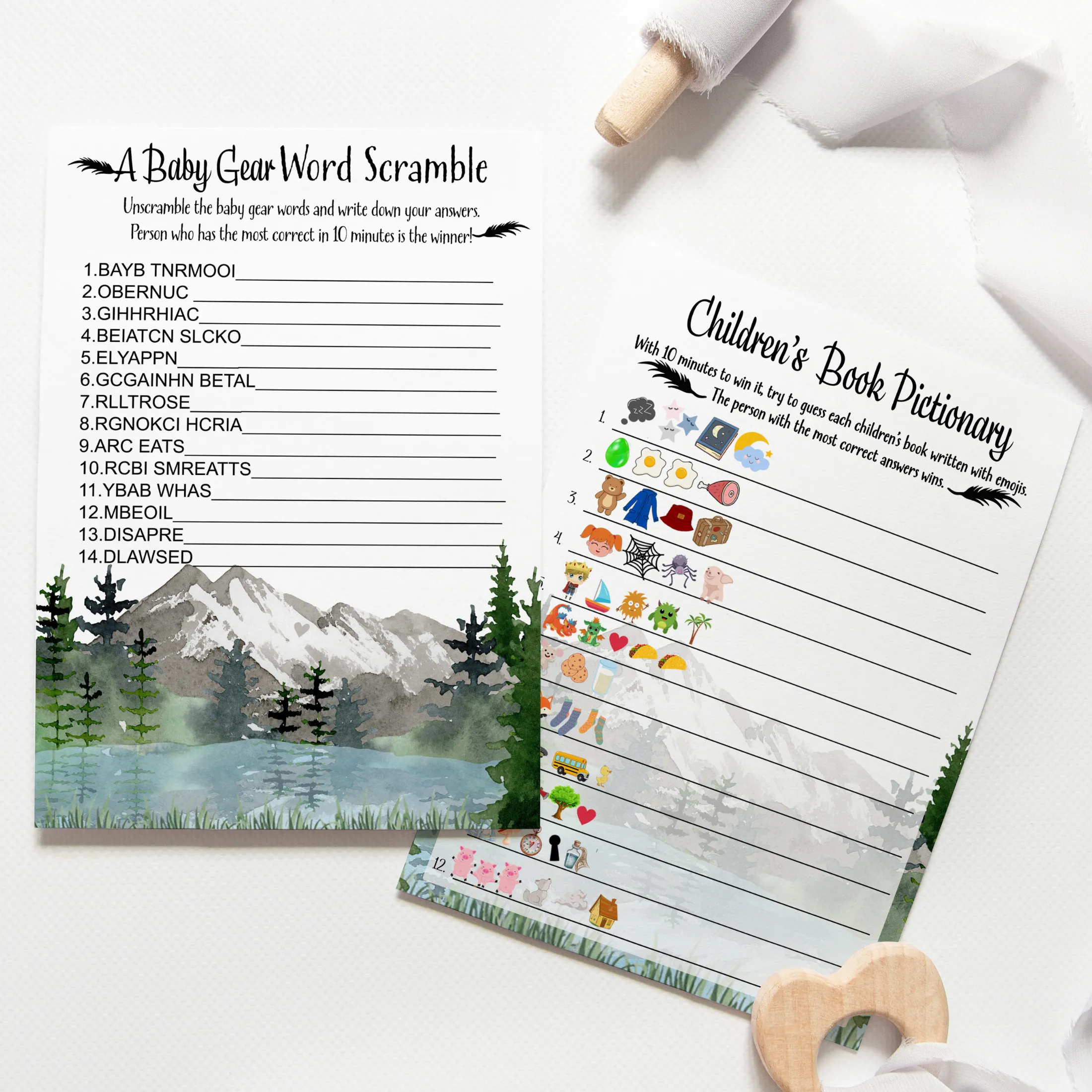 Adventure Awaits Baby Shower Game Set with Pictograms and Word Scramble, Mountain Themed, 5x7 Cards (25 ct)