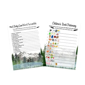 Adventure Awaits Baby Shower Game Set with Pictograms and Word Scramble, Mountain Themed, 5x7 Cards (25 ct)