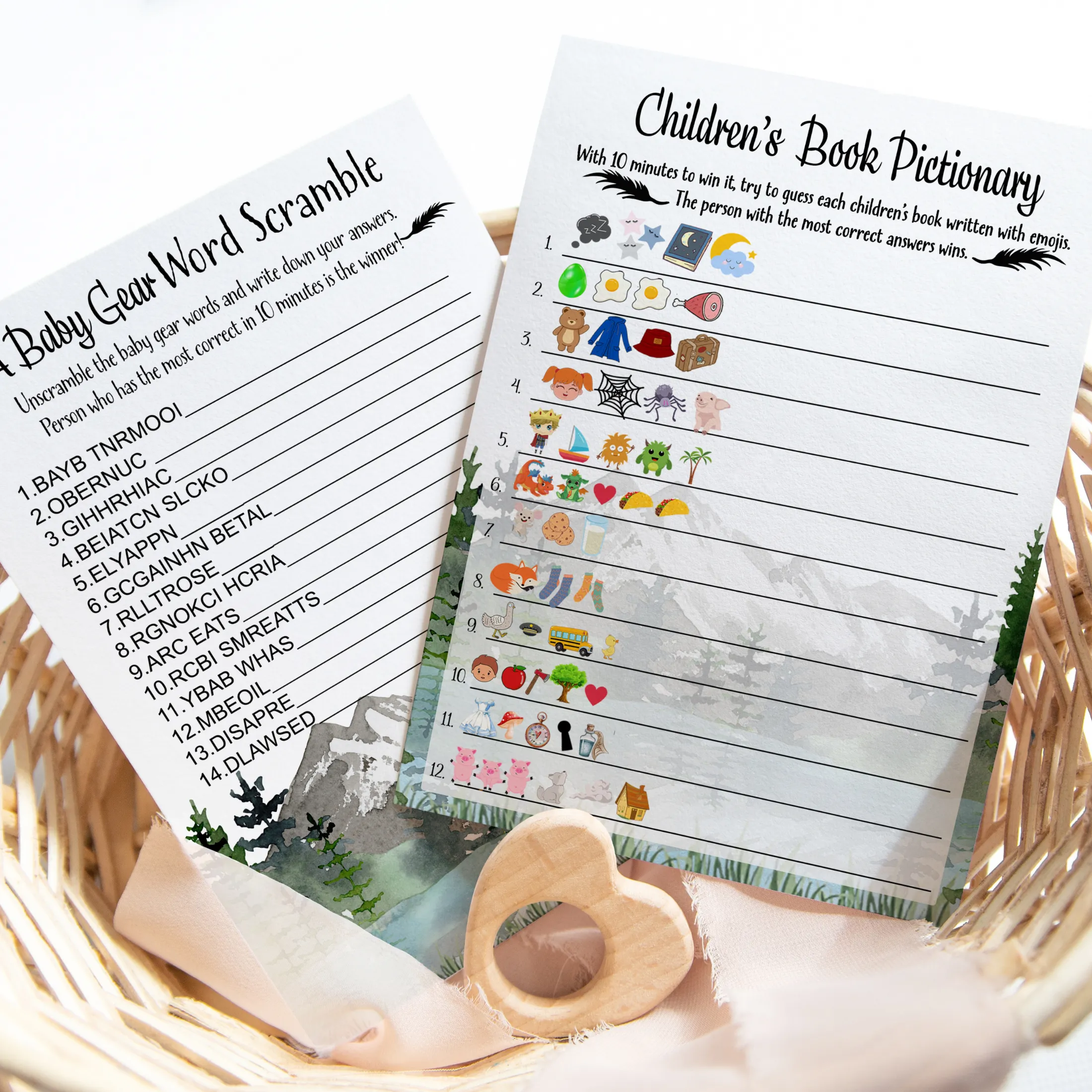 Adventure Awaits Baby Shower Game Set with Pictograms and Word Scramble, Mountain Themed, 5x7 Cards (25 ct)