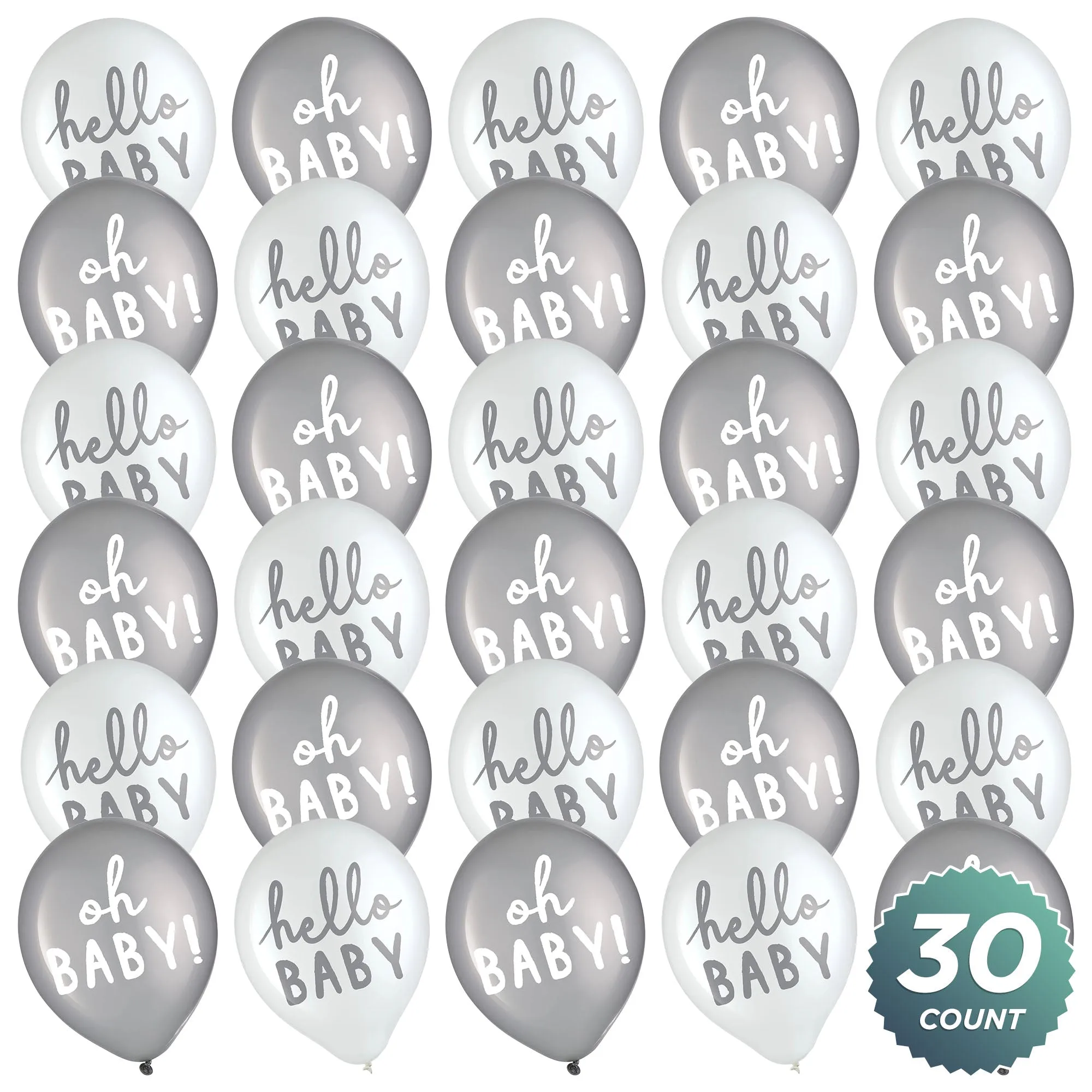 Baby Shower Party Supplies Hello Baby Gray & White Latex Party Decorations, 30 Count