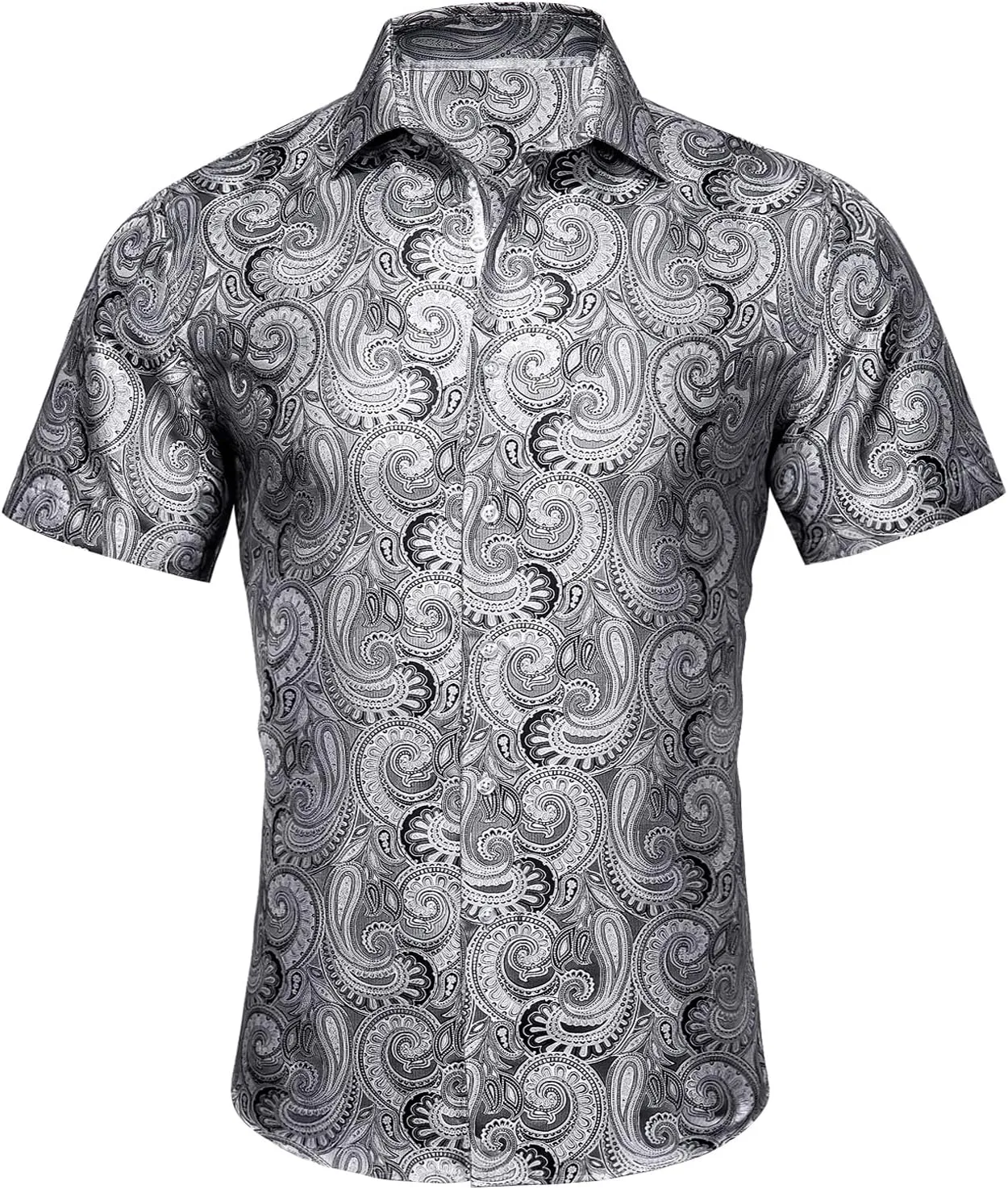 Barry.Wang Men's Silk Shirts Short Sleeve Western Designer Button Down Paisley Shirt Casual Beach Summer Party Mexico
