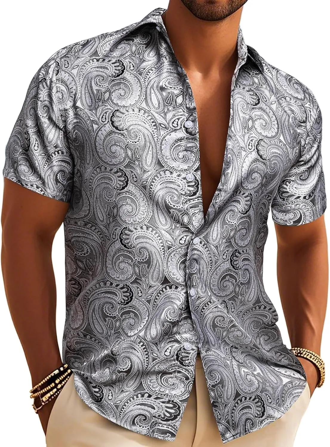 Barry.Wang Men's Silk Shirts Short Sleeve Western Designer Button Down Paisley Shirt Casual Beach Summer Party Mexico