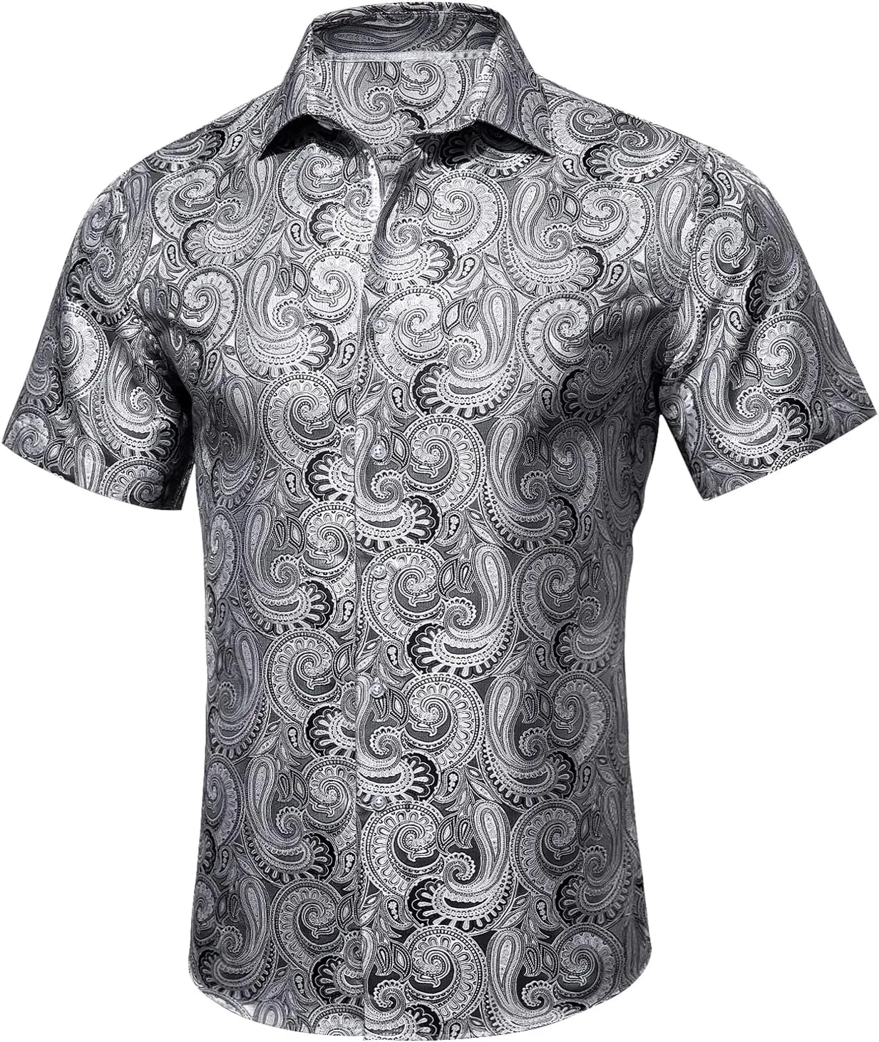 Barry.Wang Men's Silk Shirts Short Sleeve Western Designer Button Down Paisley Shirt Casual Beach Summer Party Mexico