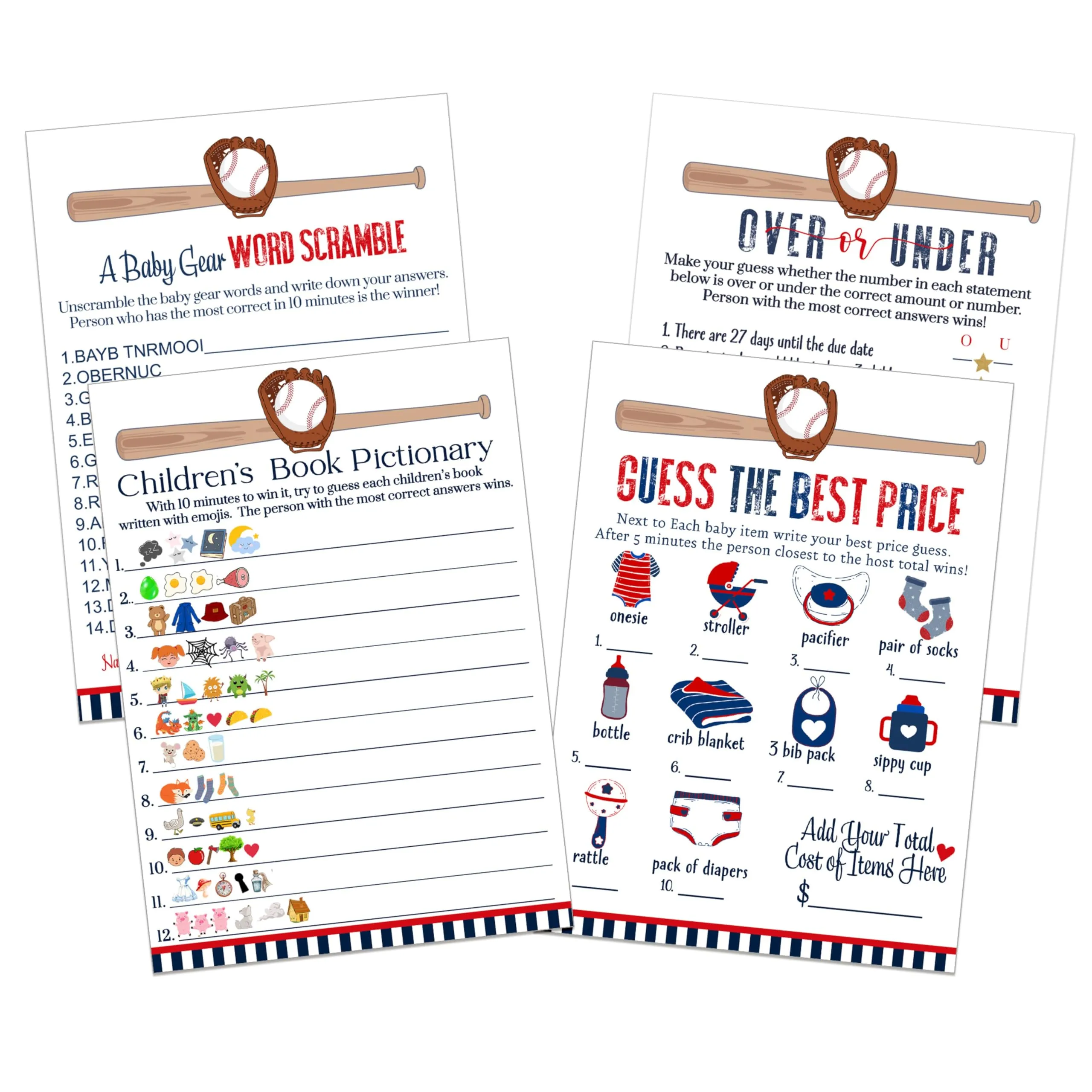 Baseball Baby Shower Game Set for Boys, 4 Different Activities on Double-Sided 5x7 Cards (25 ct)