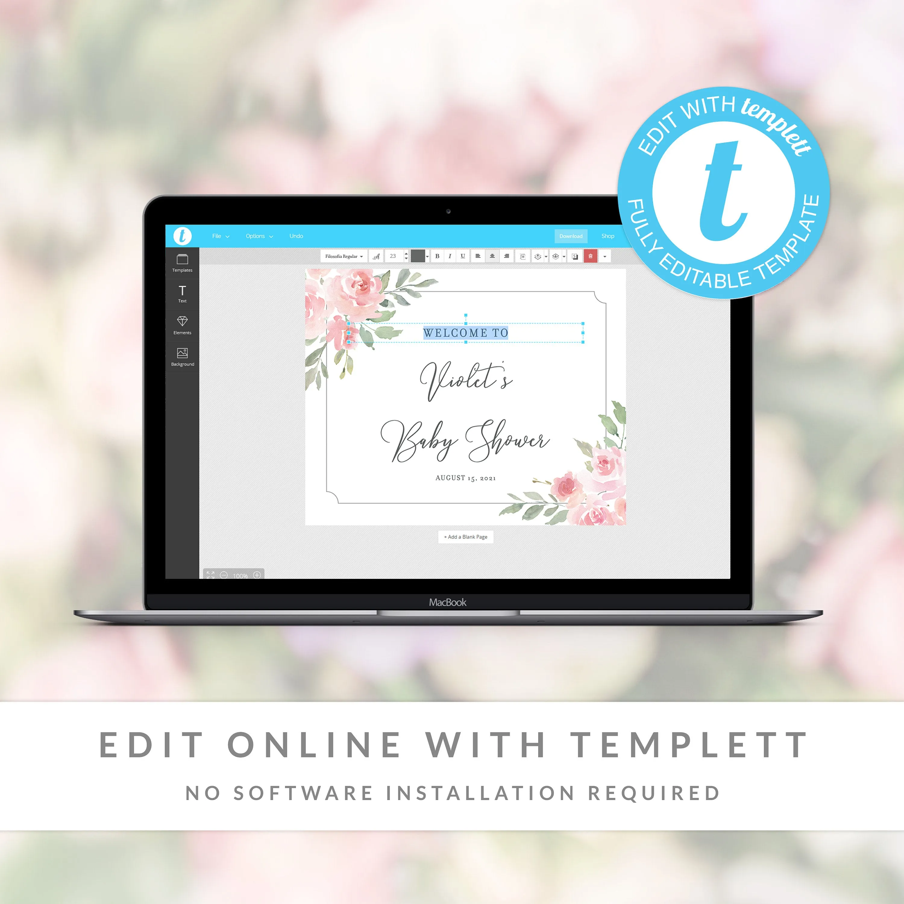 Blush Pink Floral Baby Shower Welcome Sign Template, Printable Large Welcome Sign, Editable INSTANT DOWNLOAD - FR100