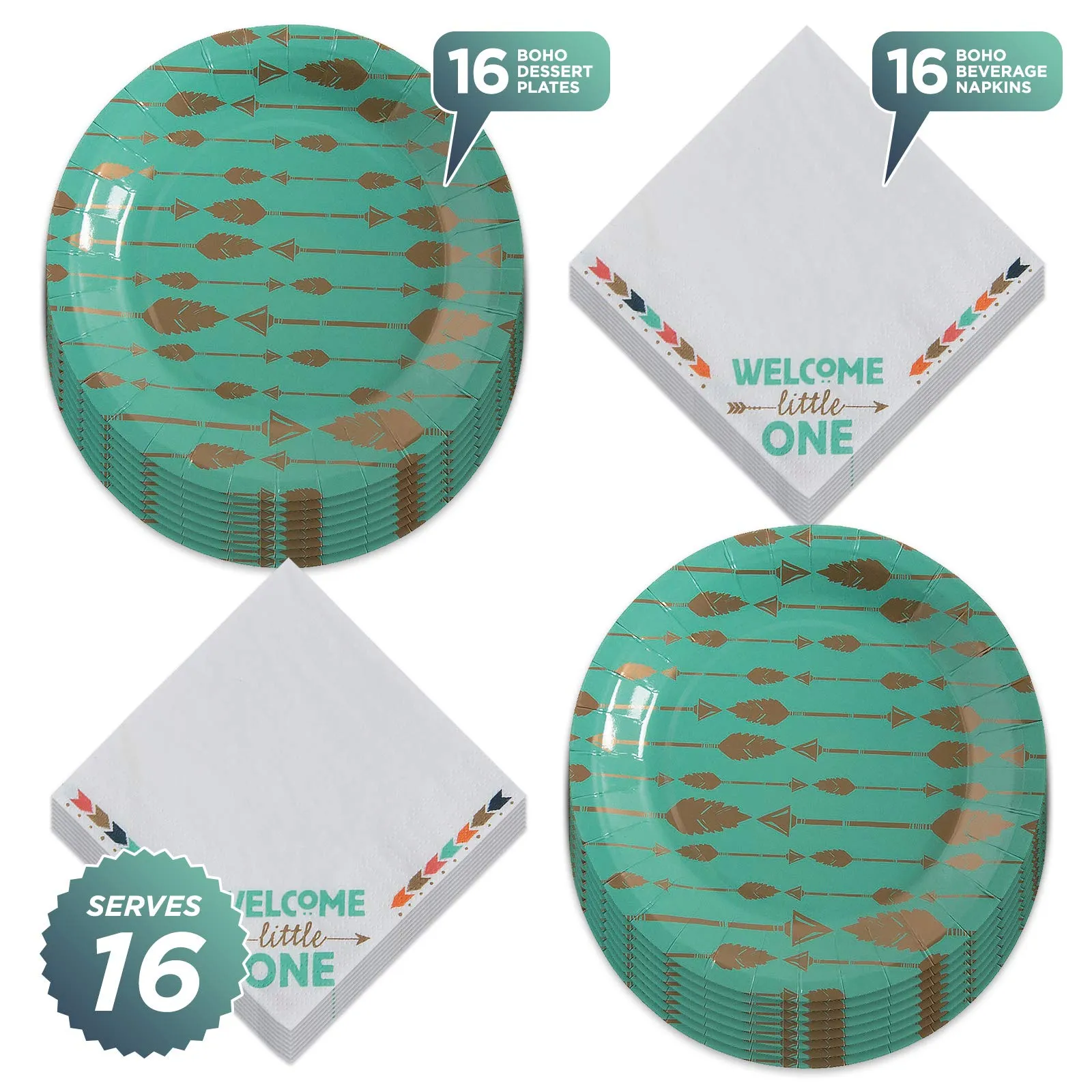 Boho Tribal Party Supplies - Rustic Teal Paper Dessert Plates and Tribal Arrow Beverage Napkins (Serves 16)