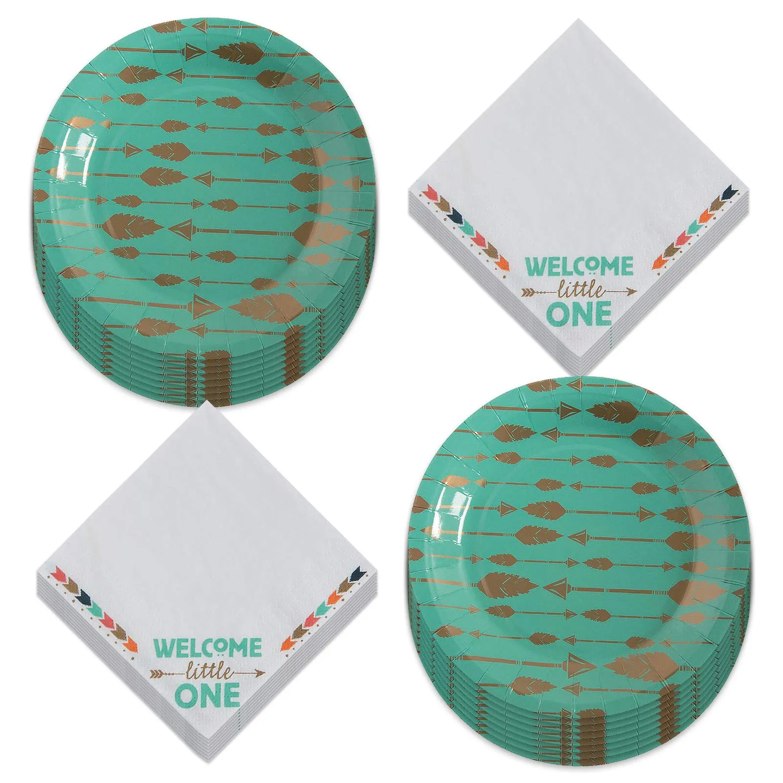 Boho Tribal Party Supplies - Rustic Teal Paper Dessert Plates and Tribal Arrow Beverage Napkins (Serves 16)