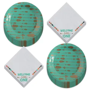 Boho Tribal Party Supplies - Rustic Teal Paper Dessert Plates and Tribal Arrow Beverage Napkins (Serves 16)
