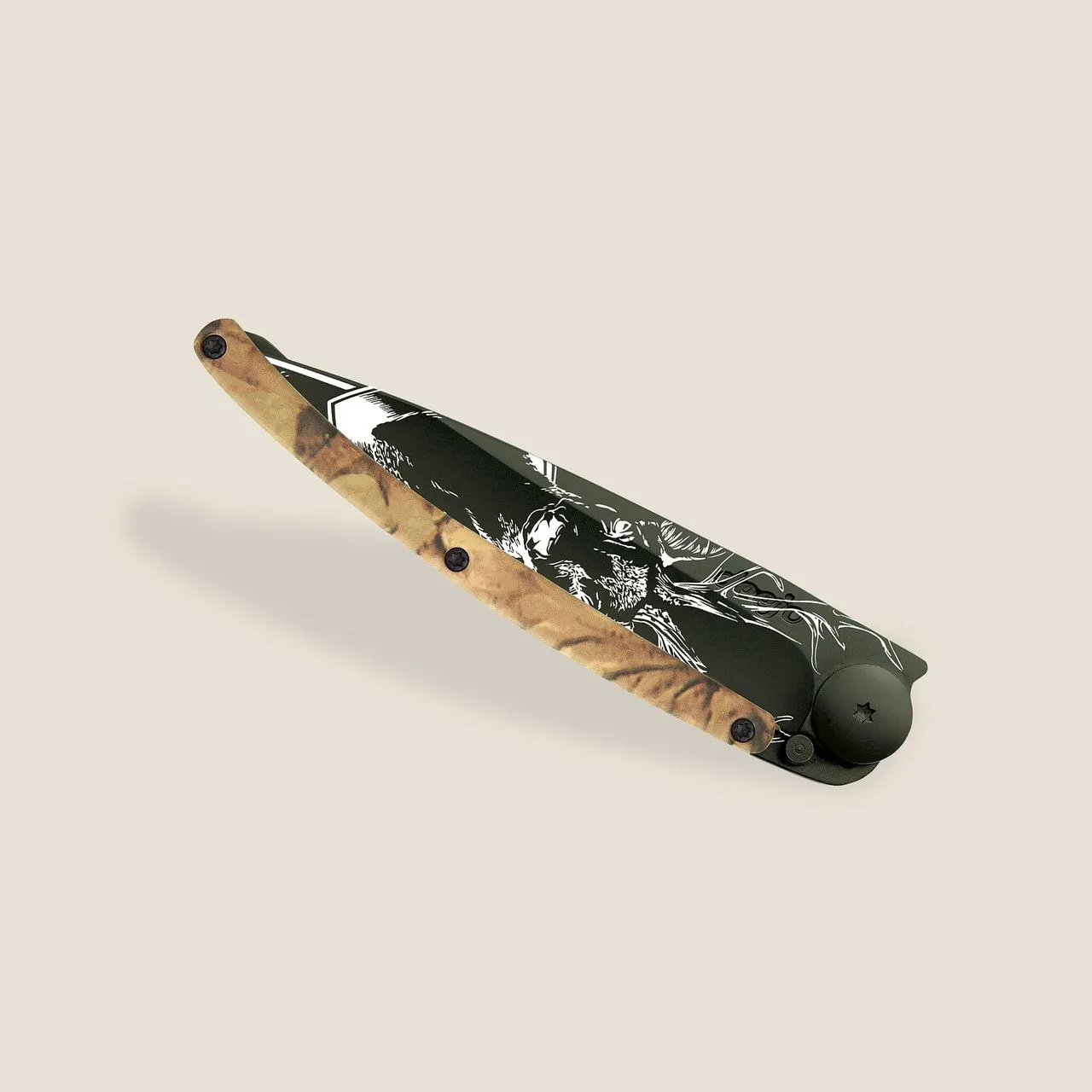 Brown Camo Wood with Deer Ornate Decorative Pocket Knife