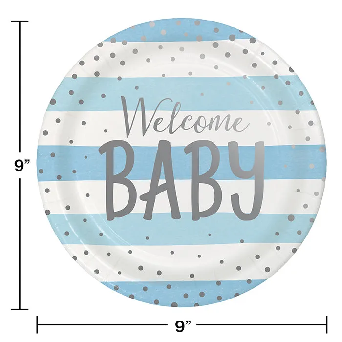 Bulk Pack of 16 Blue Silver Celebration "Welcome Baby" Dinner Plates, Foil