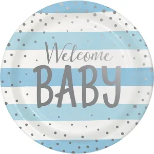 Bulk Pack of 16 Blue Silver Celebration "Welcome Baby" Dinner Plates, Foil