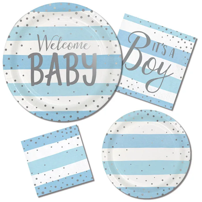 Bulk Pack of 16 Blue Silver Celebration "Welcome Baby" Dinner Plates, Foil