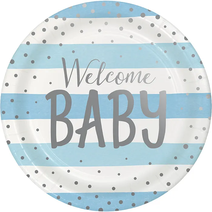 Bulk Pack of 16 Blue Silver Celebration "Welcome Baby" Dinner Plates, Foil