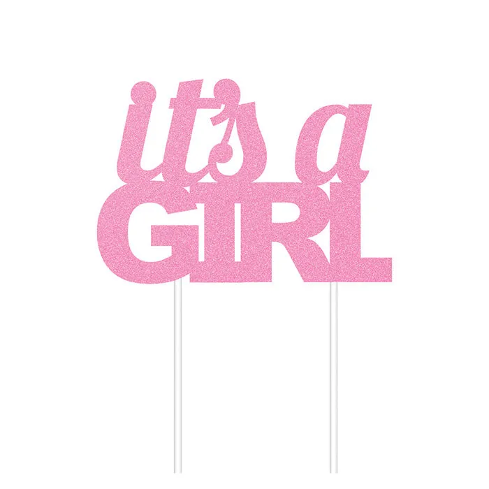 Bulk Pink Glitter It's a Girl Cake Toppers (12 per Case)