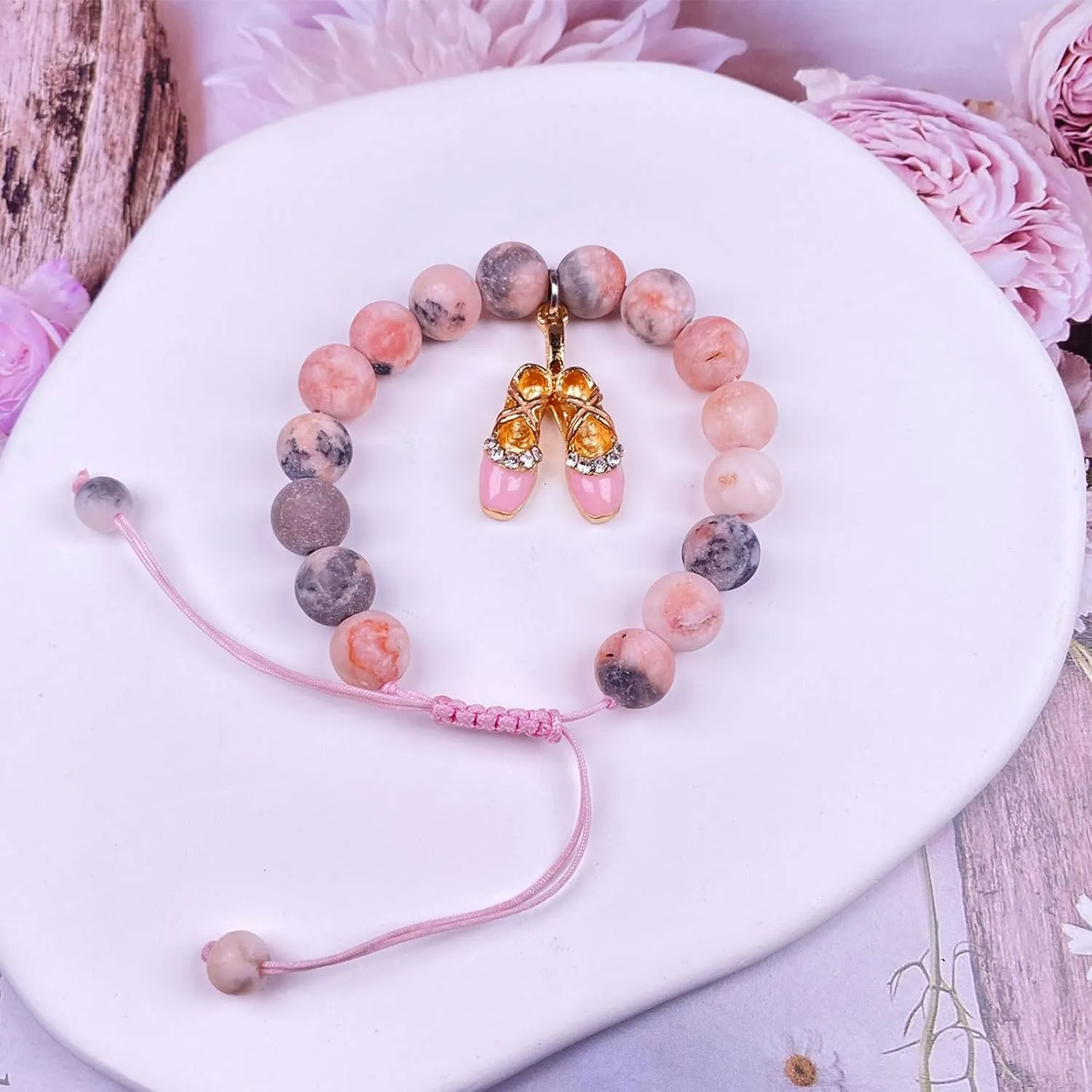 Dance Recital Gifts - Dance Bracelet Ballerina Jewelry, Natural Stone Ballet Slippers Charm Bracelet Dance Competition Gifts for Dance Lover Ballet Friends Mate