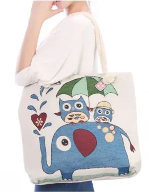 Deluxe Elephant And Owls Reusable Grocery Shopping Women Totes Bag Rope Handles