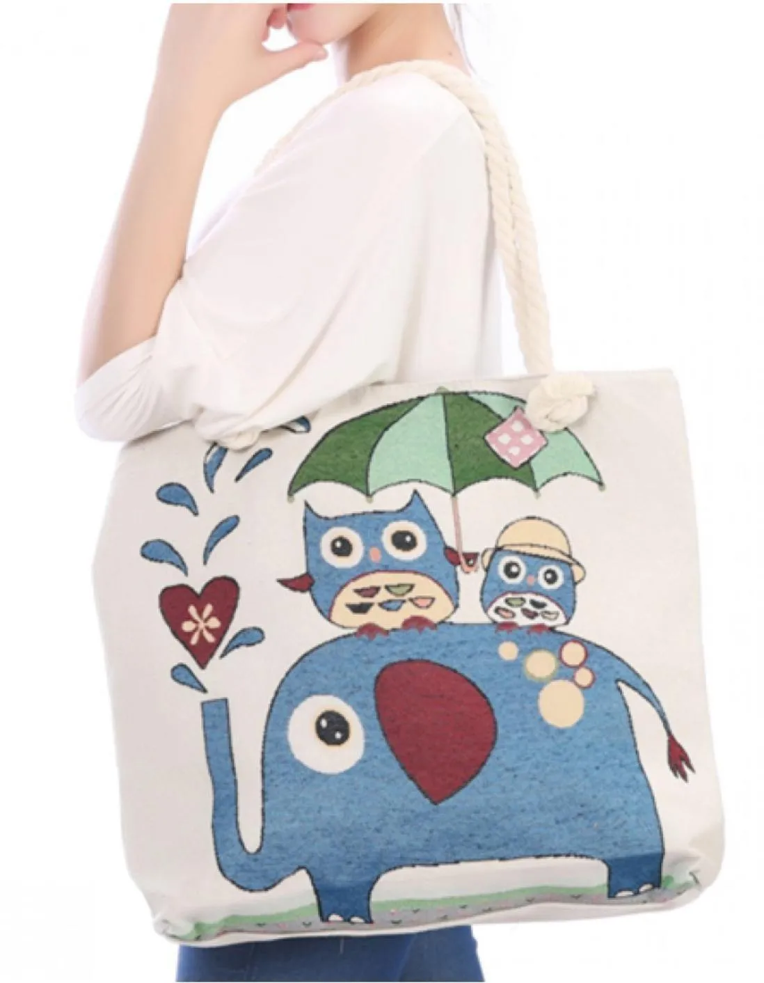 Deluxe Elephant And Owls Reusable Grocery Shopping Women Totes Bag Rope Handles