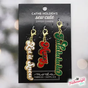 Enamel Charm Zipper Pull CHRISTMAS WORDS in Script by Cathe Holden