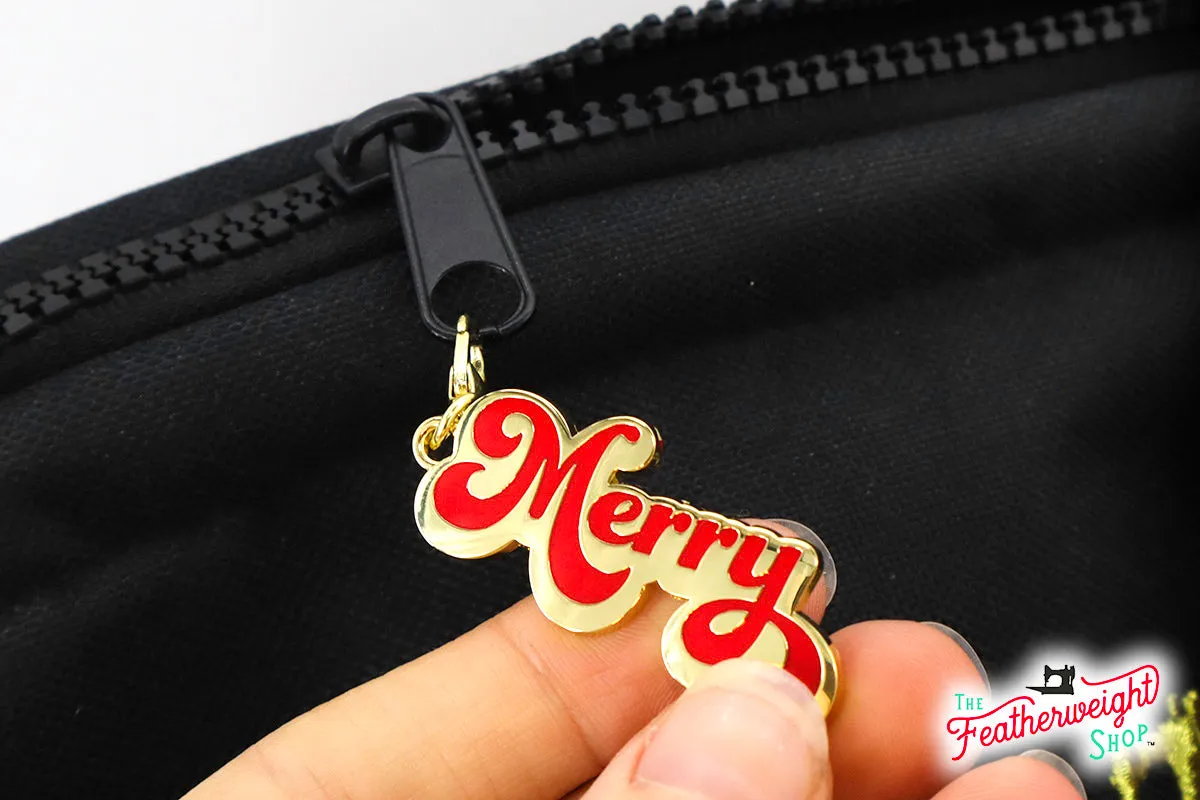 Enamel Charm Zipper Pull CHRISTMAS WORDS in Script by Cathe Holden