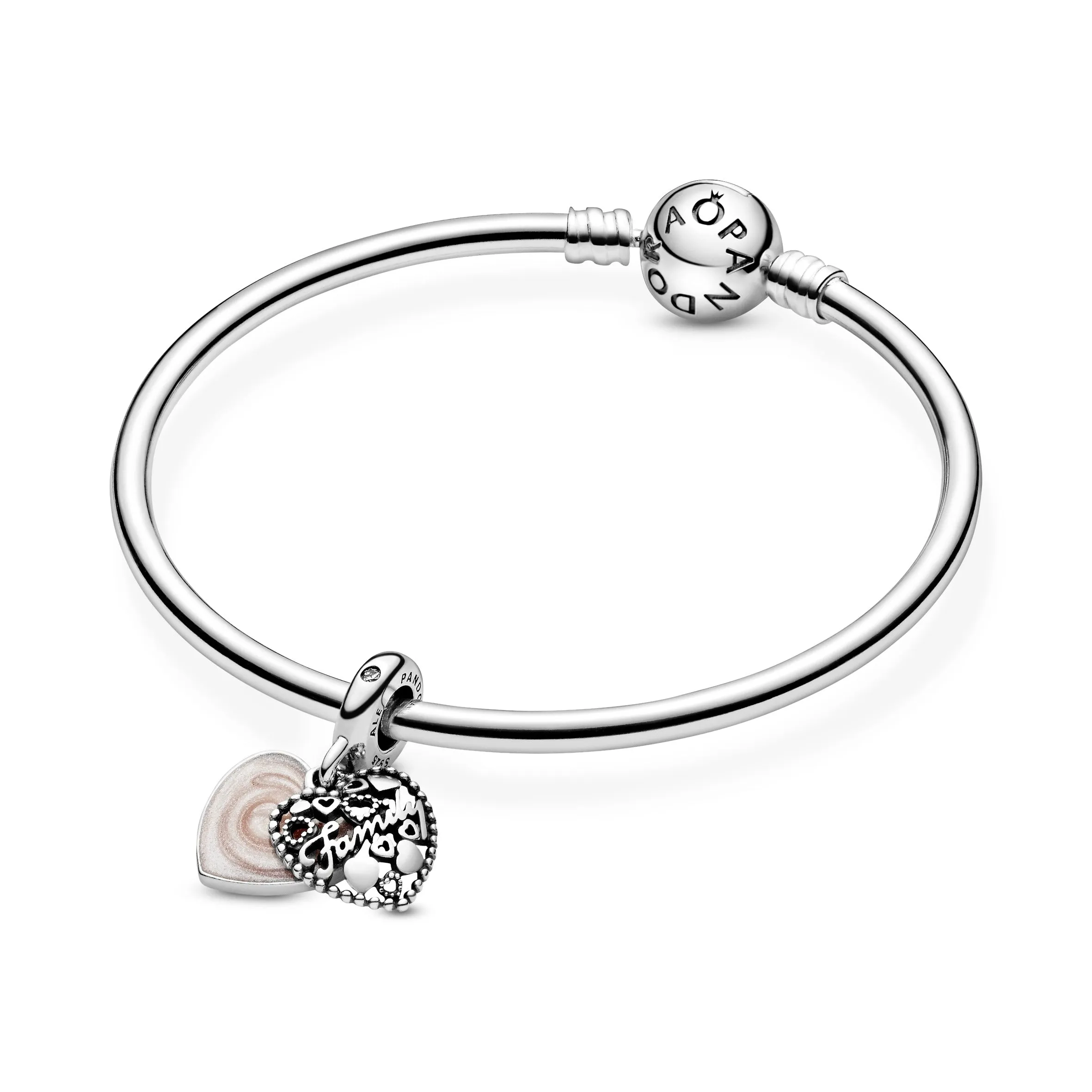 Family heart silver dangle with pink enamel and clear cubic zirconia