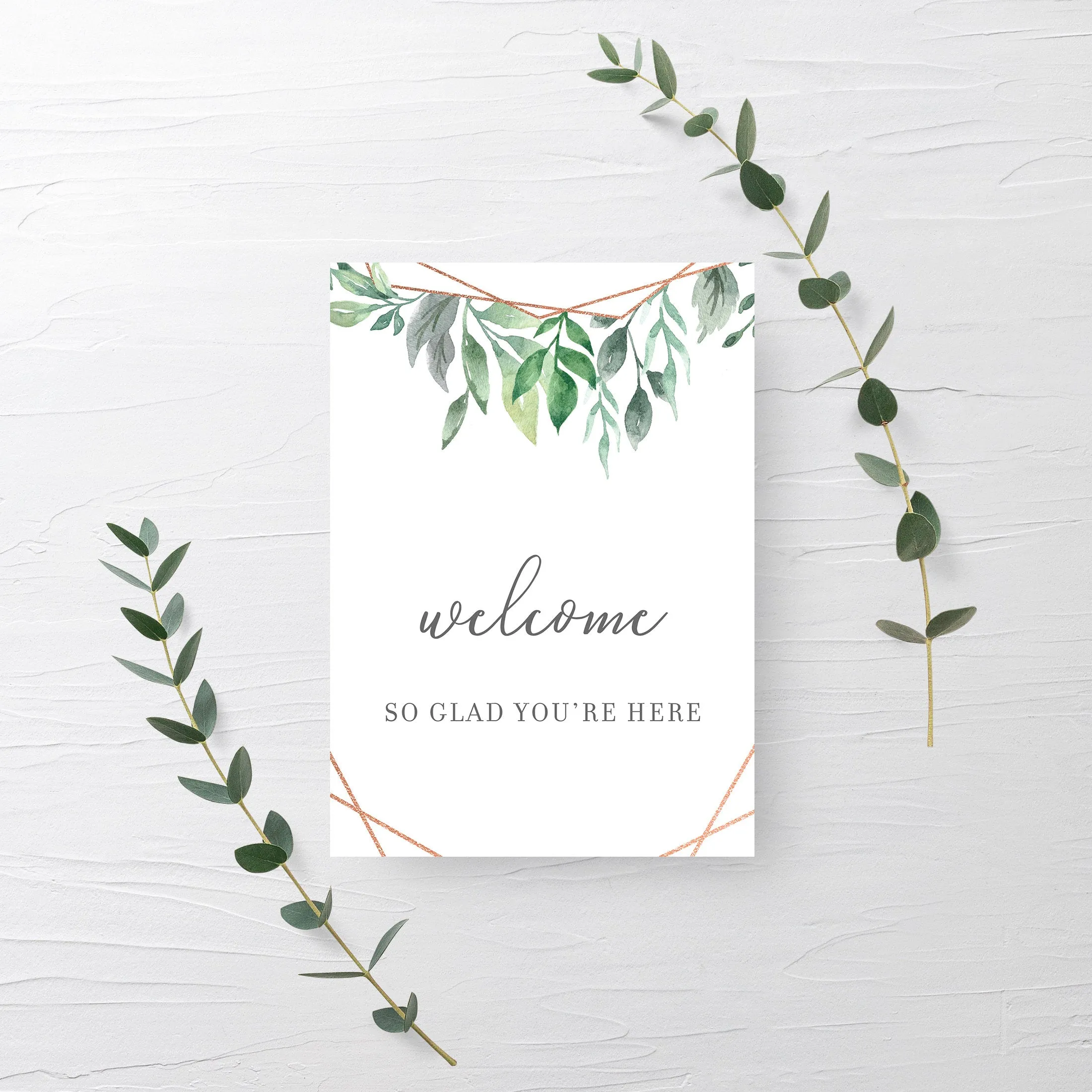 Geometric Rose Gold Greenery Welcome Sign Printable, INSTANT DOWNLOAD - GFRG100