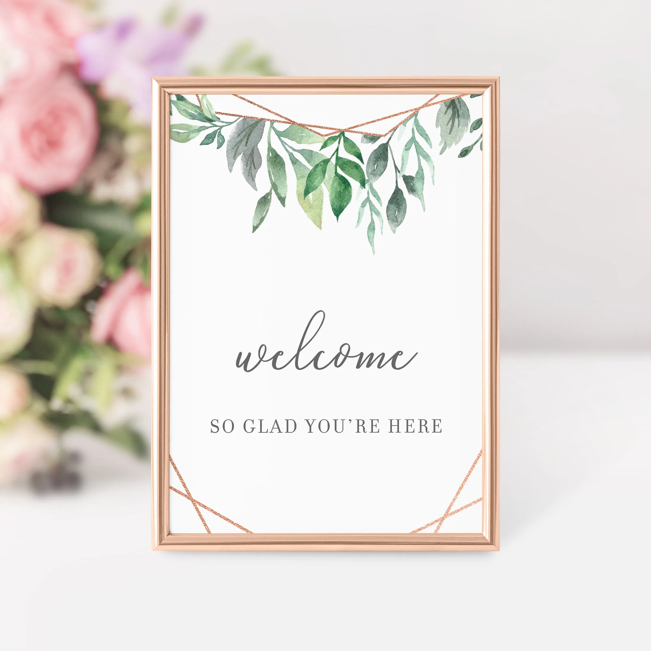 Geometric Rose Gold Greenery Welcome Sign Printable, INSTANT DOWNLOAD - GFRG100
