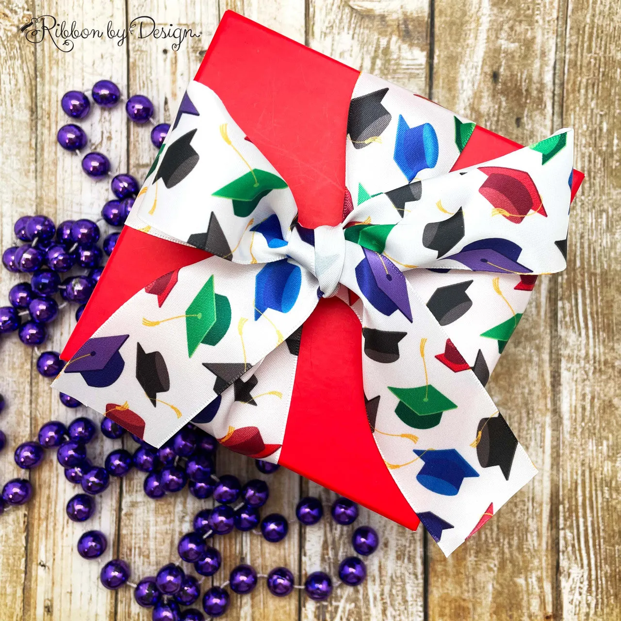Graduation ribbon tossed caps colorful hats printed on 1.5" white satin