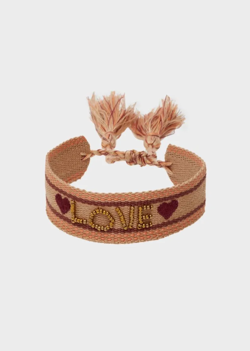 Love Slogan Beaded Fabric Bracelet Brown/ Nude