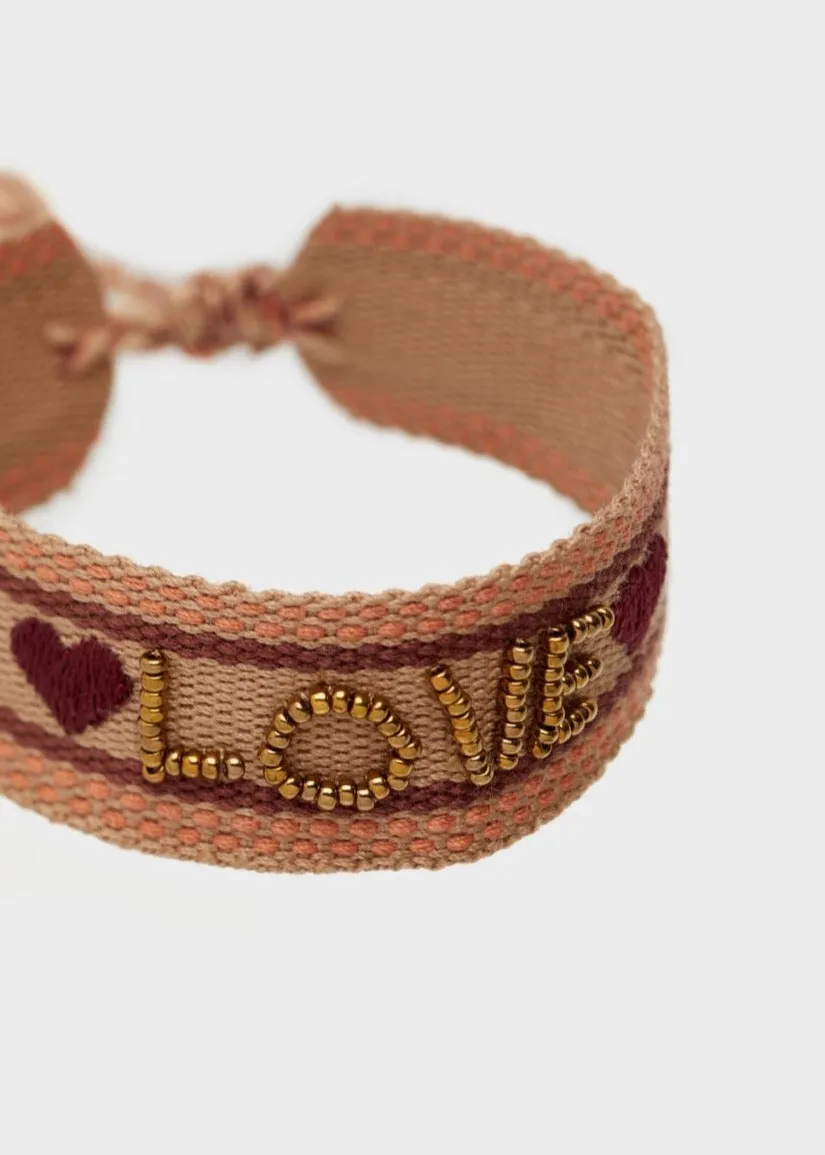 Love Slogan Beaded Fabric Bracelet Brown/ Nude