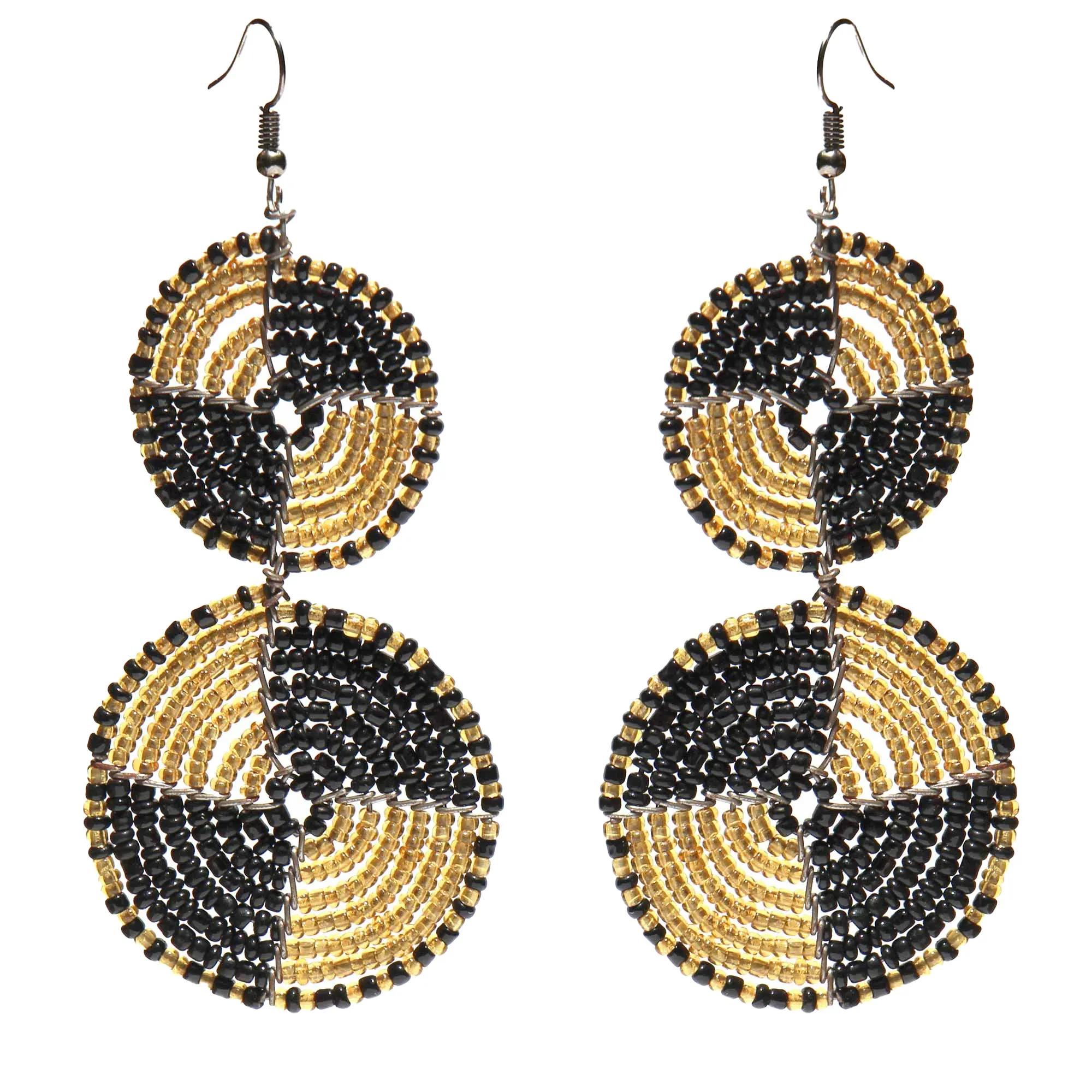 Maasai Bead Double Circle Dangle Earrings Gold and Black