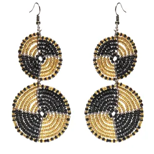Maasai Bead Double Circle Dangle Earrings Gold and Black