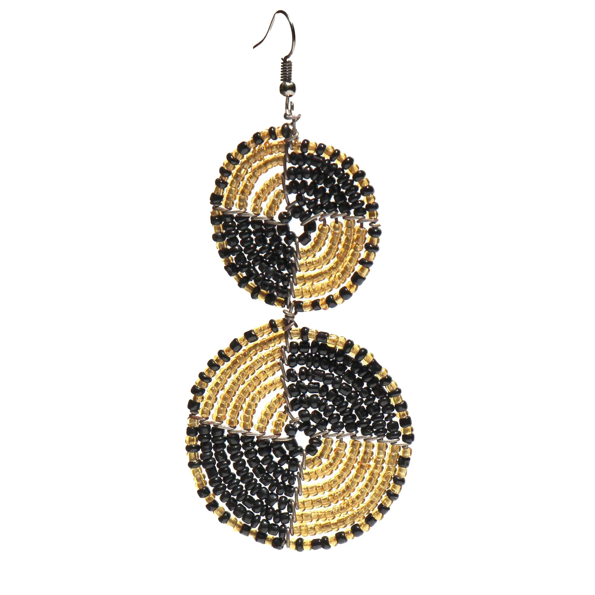 Maasai Bead Double Circle Dangle Earrings Gold and Black