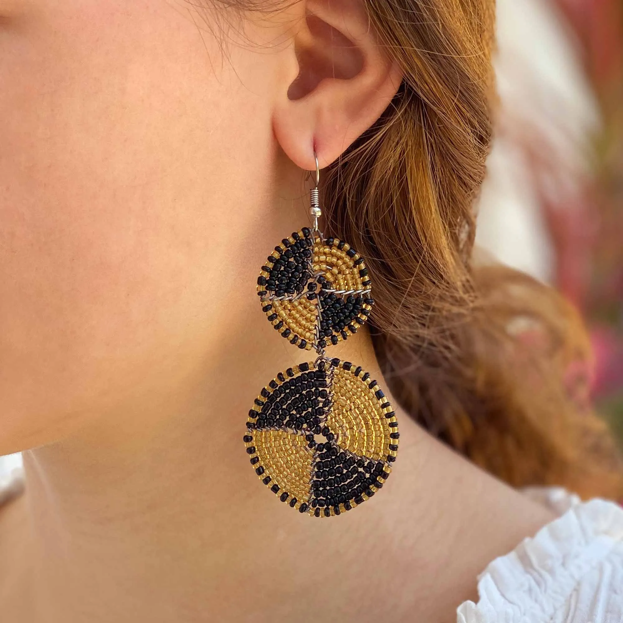 Maasai Bead Double Circle Dangle Earrings Gold and Black
