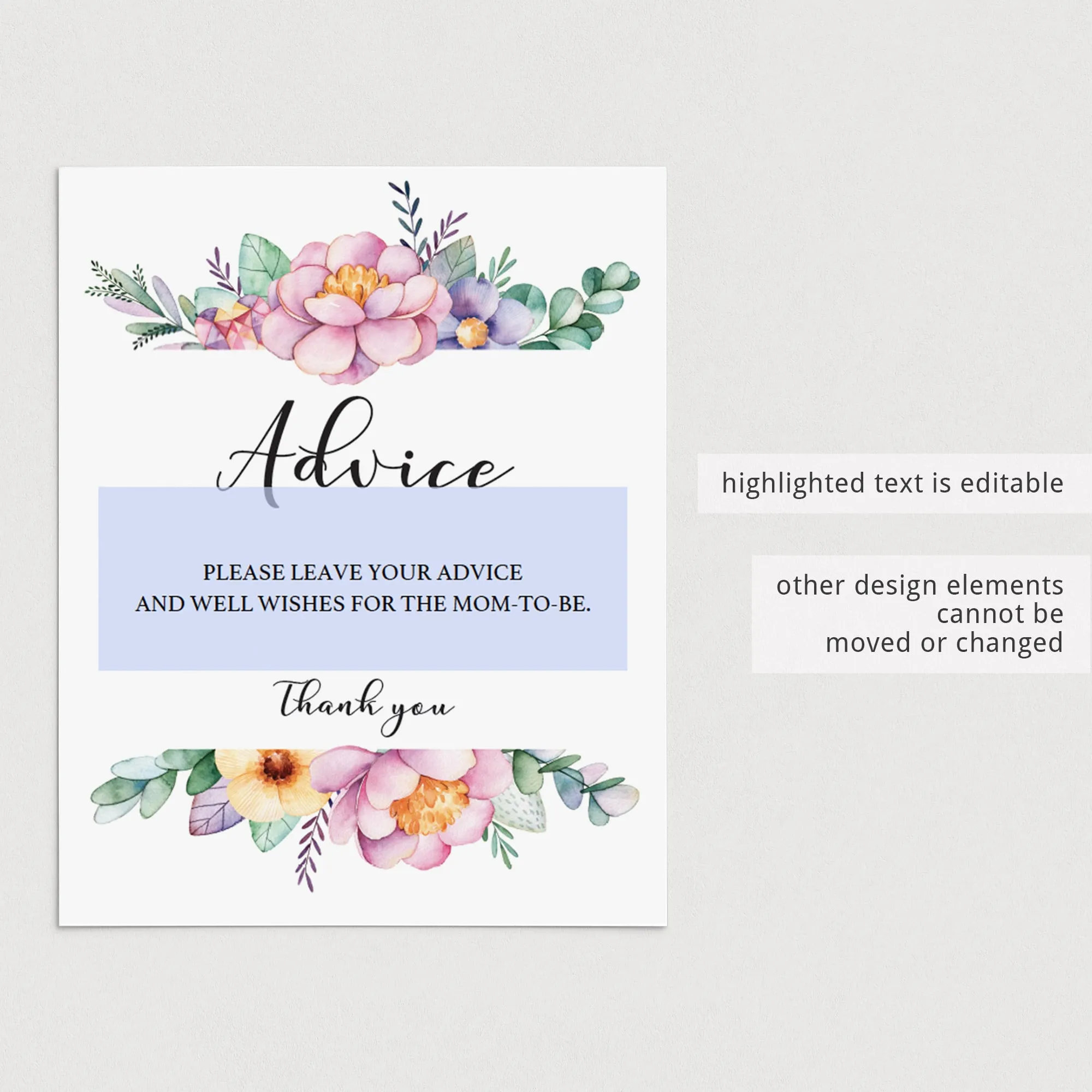 Pink Floral Baby Shower Advice Sign Template