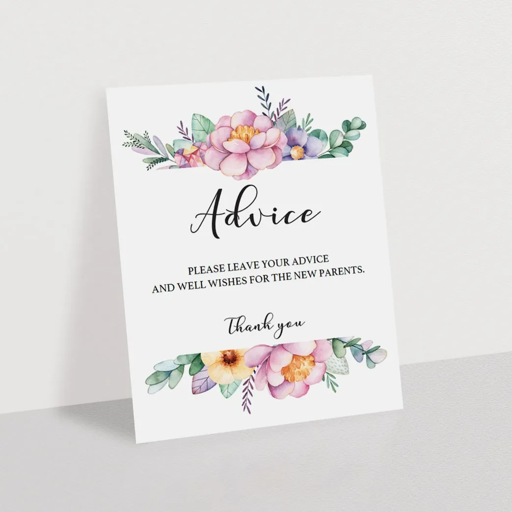 Pink Floral Baby Shower Advice Sign Template