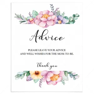 Pink Floral Baby Shower Advice Sign Template
