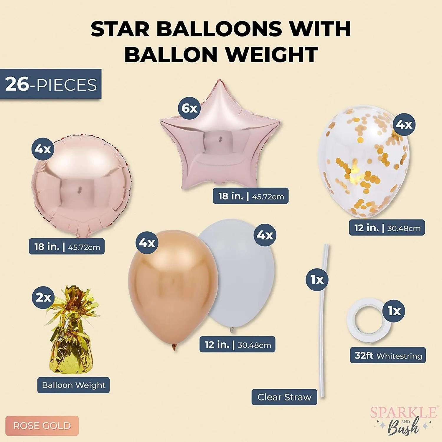 Rose Gold Foil Star Balloons and Weight for Baby Shower, Party Decorations (26 Pieces)