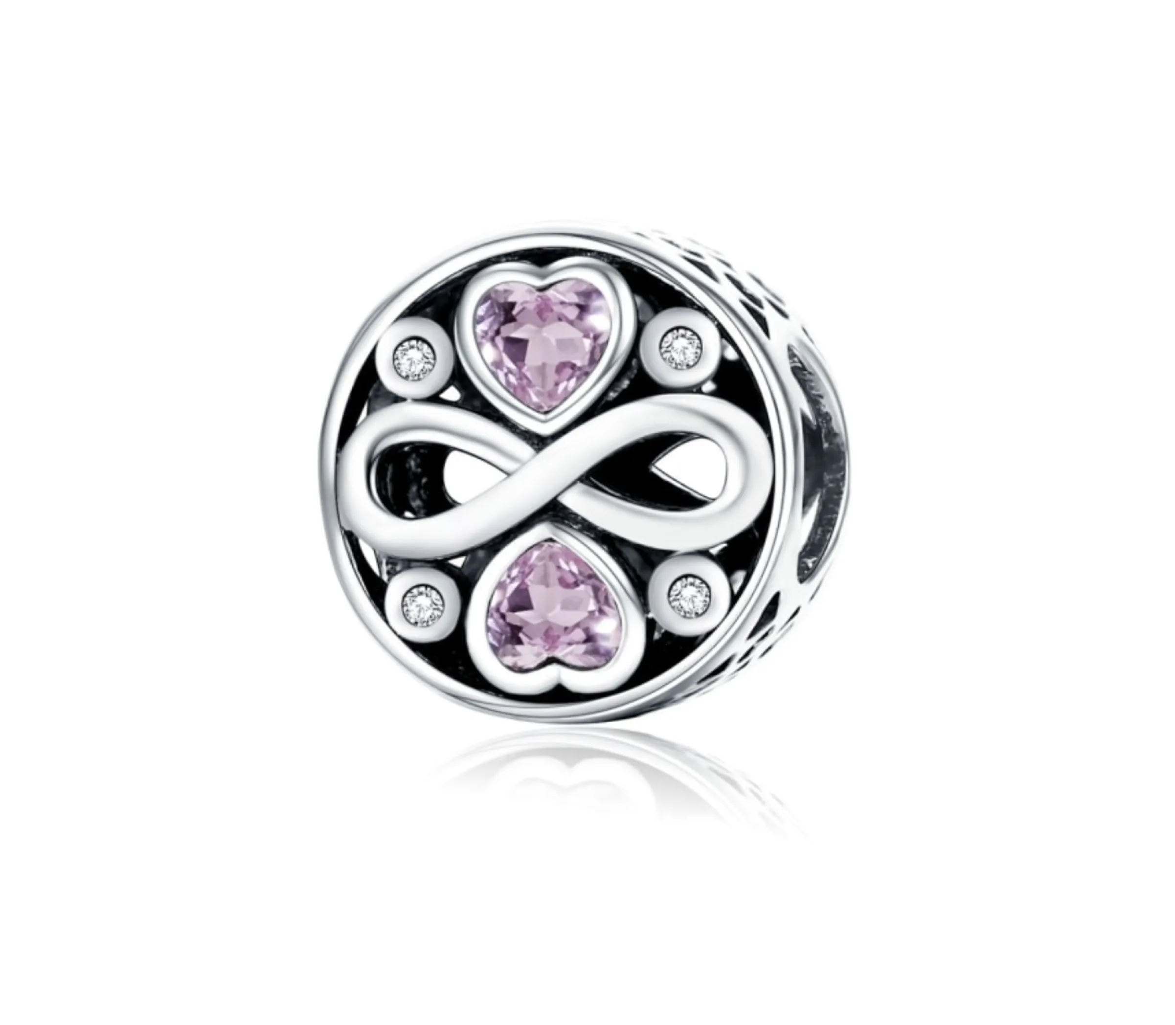 Sterling Silver Pink Cubic Zirconia Infinity And Hearts Charm