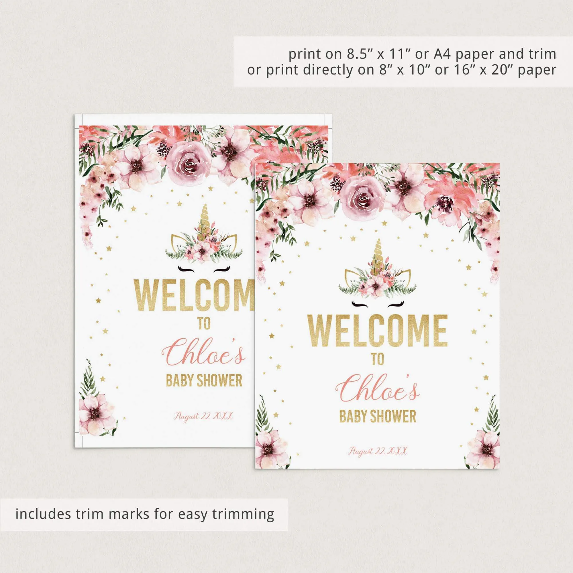 Unicorn Baby Shower Welcome Sign Template Pink and Gold