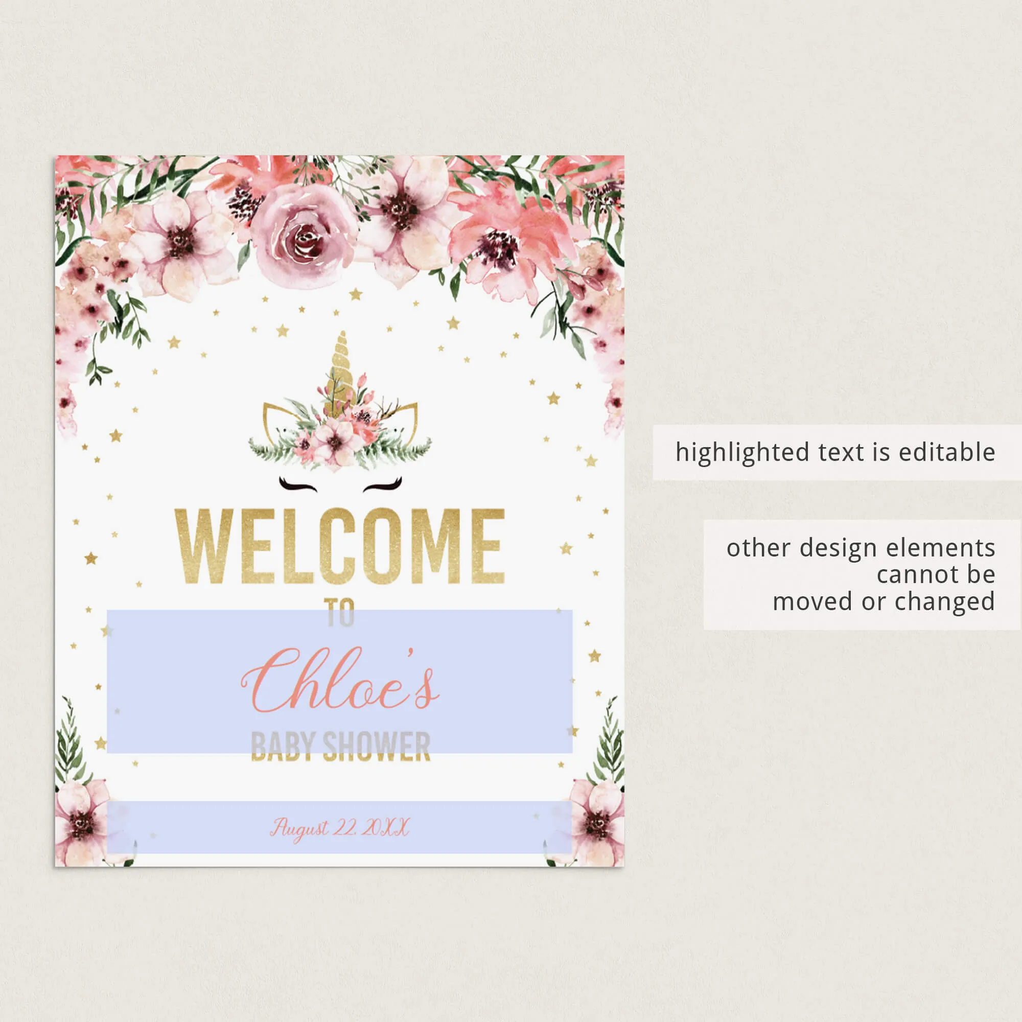 Unicorn Baby Shower Welcome Sign Template Pink and Gold