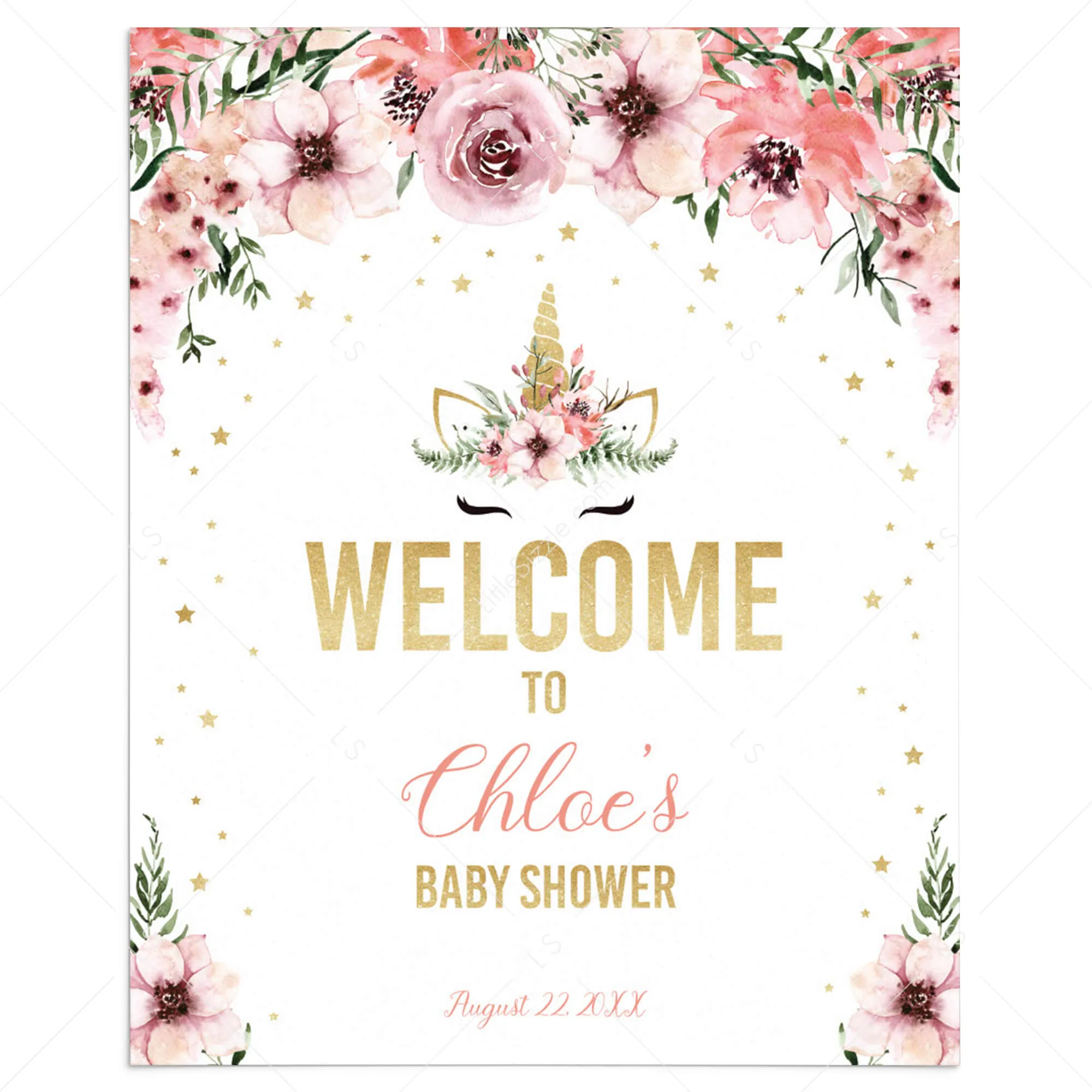 Unicorn Baby Shower Welcome Sign Template Pink and Gold