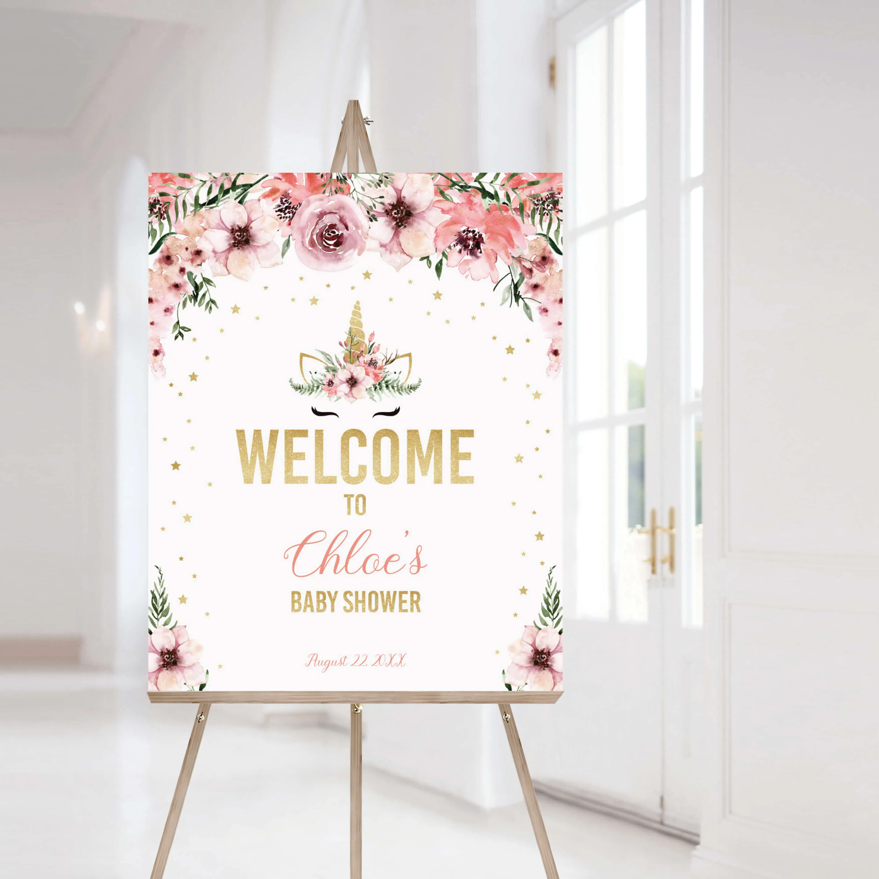 Unicorn Baby Shower Welcome Sign Template Pink and Gold