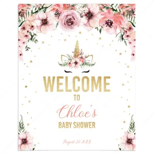 Unicorn Baby Shower Welcome Sign Template Pink and Gold