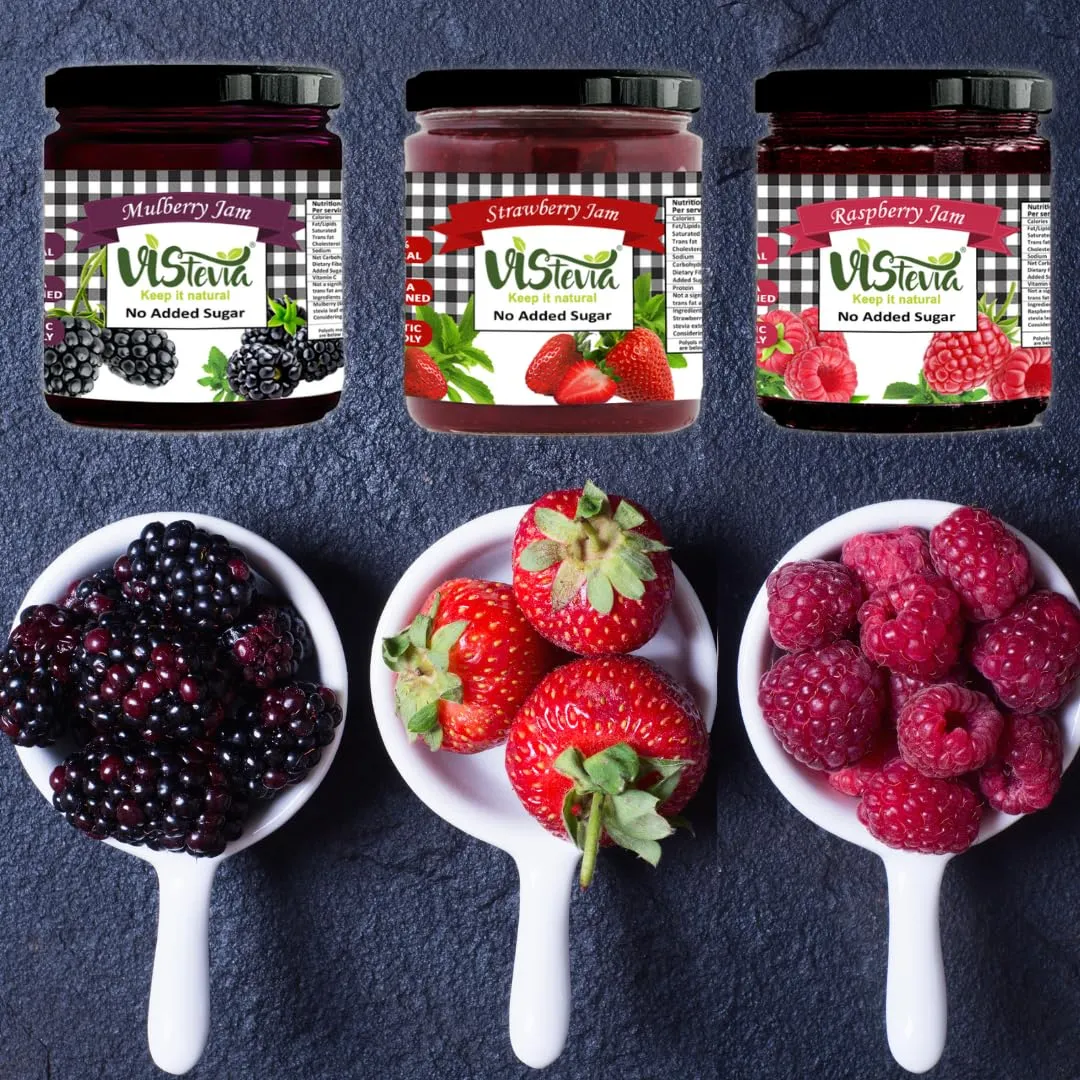 Vistevia Sugar Free Mulberry, Raspberry & Strawberry Jam, Diabetic and Keto Friendly - Sweetened Naturally with Stevia, More Than 60% Whole Berry Content - Tastes Delicious - Pack of 3 (220*3 GM)